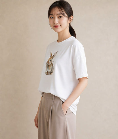プリントTシャツ レディース ロップイヤー ペット 動物 イラスト レトロ 普段着 週末コーデ 白T
