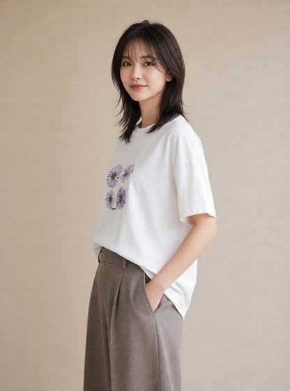 Tシャツ レディース スミレ 花 花柄 イラスト こなれ感 通勤 在宅 白T