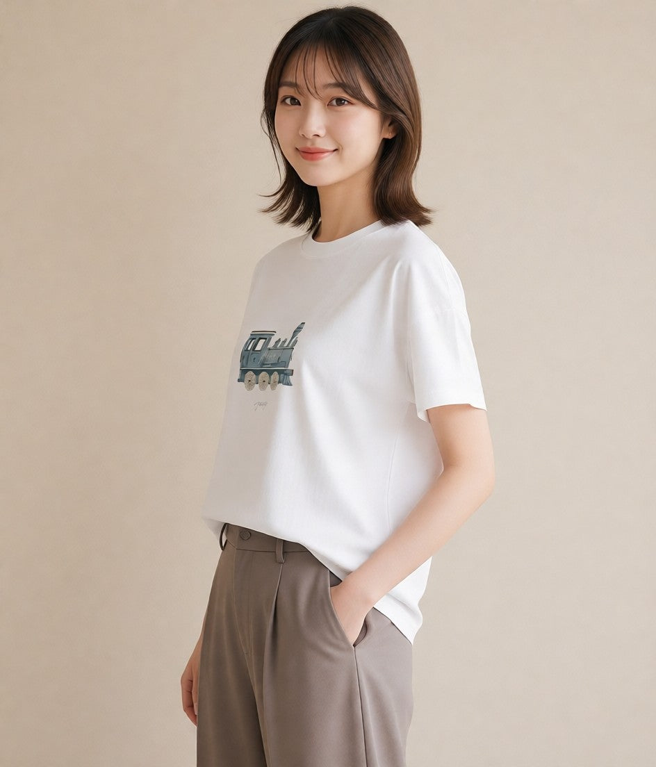 Tシャツ レディース 駅のホーム ローカル線 駅 ナチュラル アンティーク イラスト ユニーク 姉妹 送別ギフト 白T