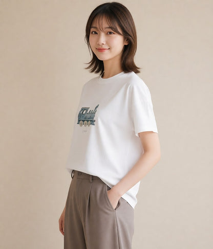 Tシャツ レディース 駅のホーム ローカル線 駅 ナチュラル アンティーク イラスト ユニーク 姉妹 送別ギフト 白T