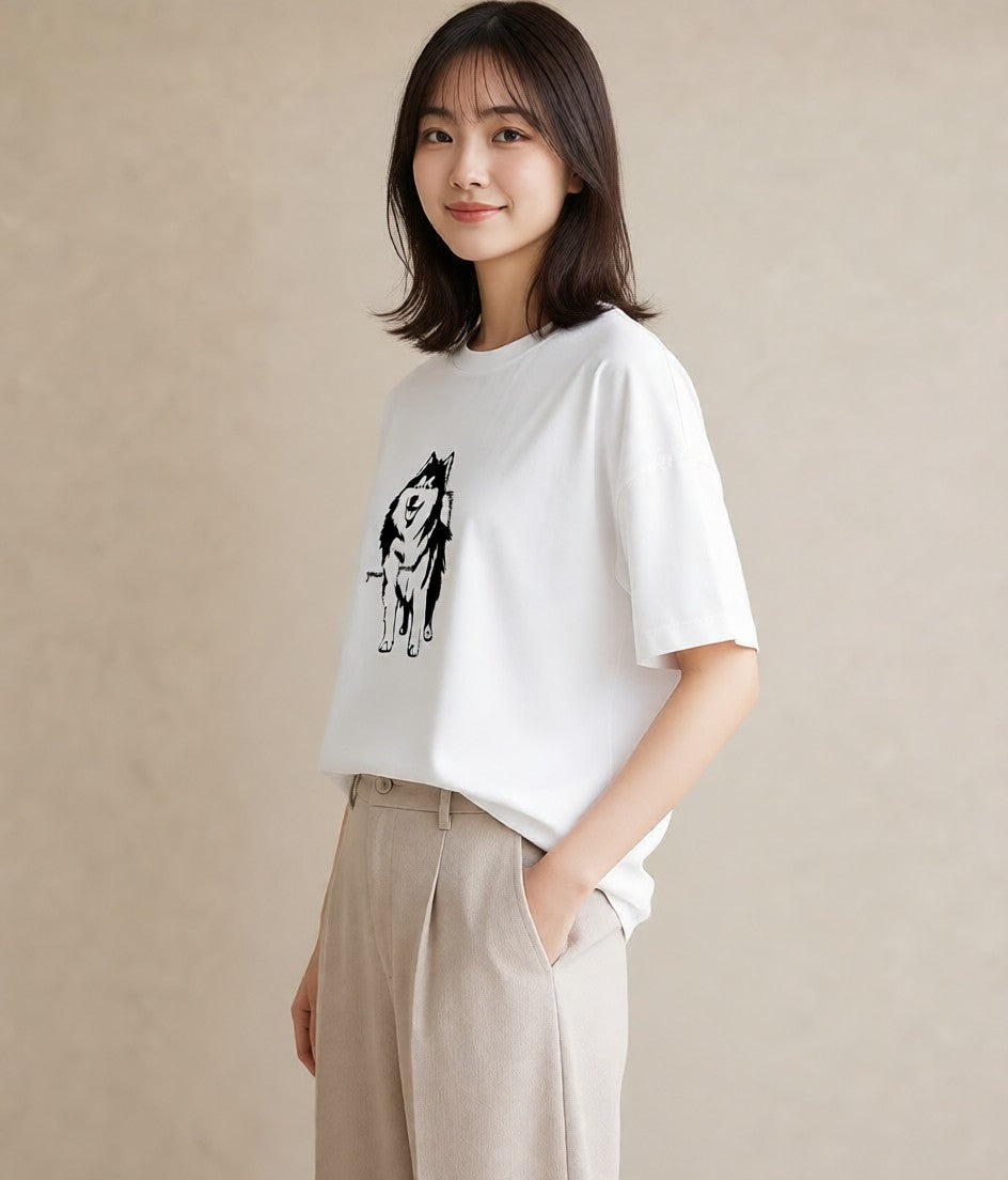 Tシャツ レディース シベリアンハスキー 犬 いぬ イラスト 帰省 ラフ 白T