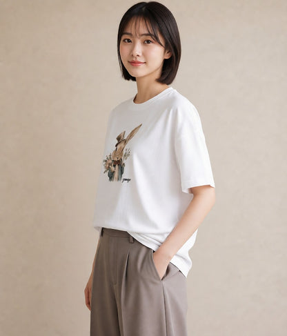 デザインTシャツ レディース ライオンラビット ペット 動物 イラスト 旅行用 海 白T