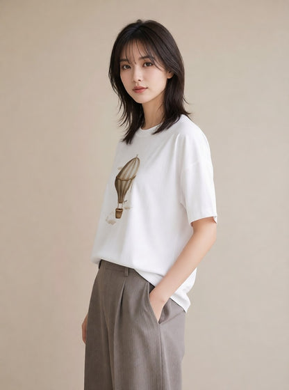 Tシャツ レディース 気球 星空 宇宙 イラスト 上品 母娘コーデ 自分用 白T