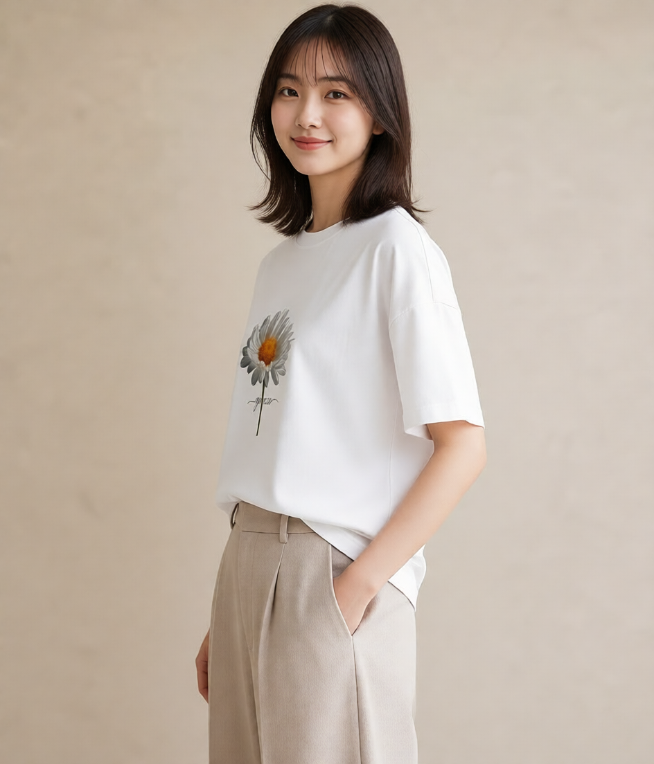 プリントTシャツ レディース マーガレット 花 花柄 イラスト デート 帰省 白T