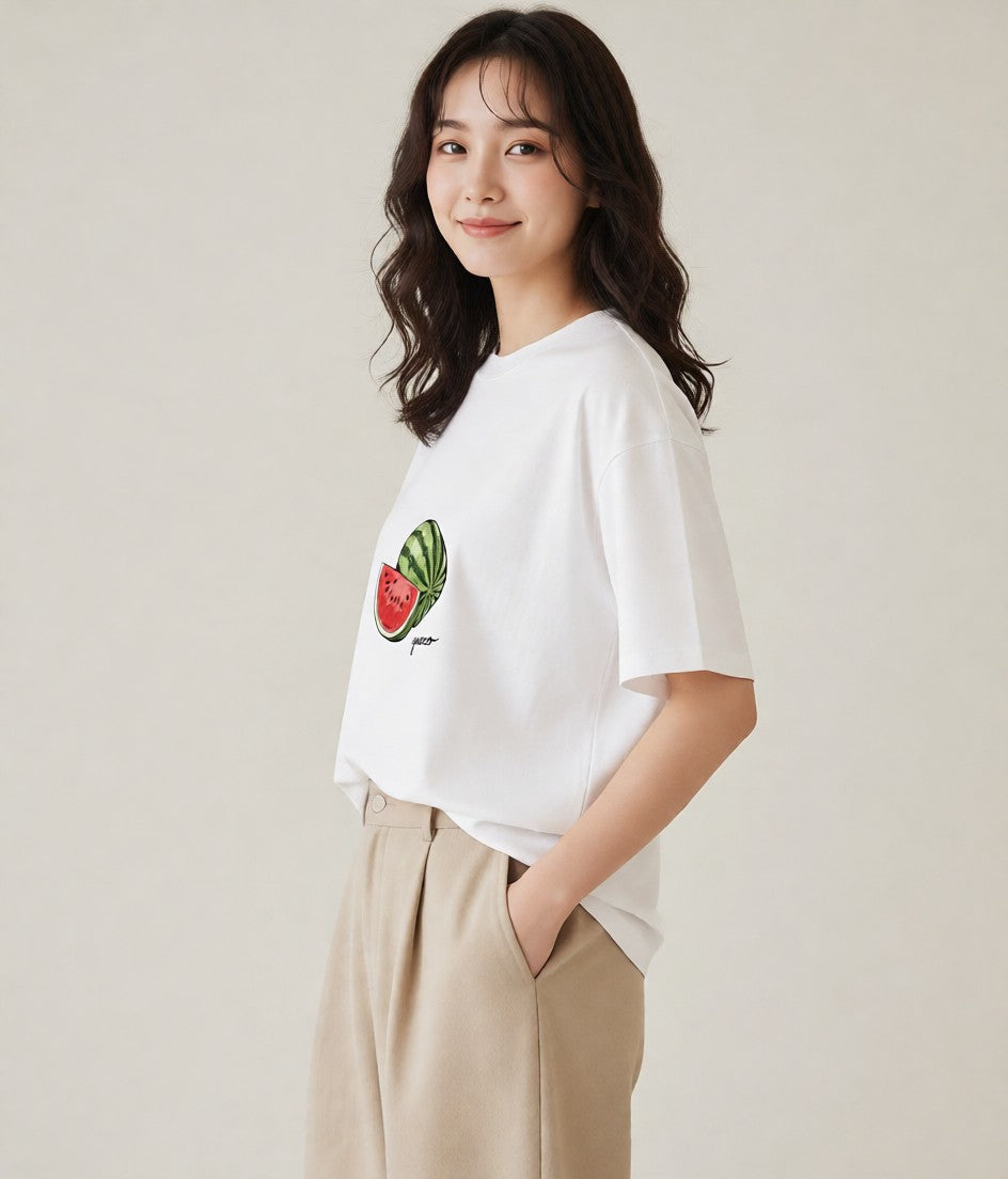 デザインTシャツ レディース すいか 食べ物 フード イラスト 可愛い 週末コーデ 敬老の日 白T