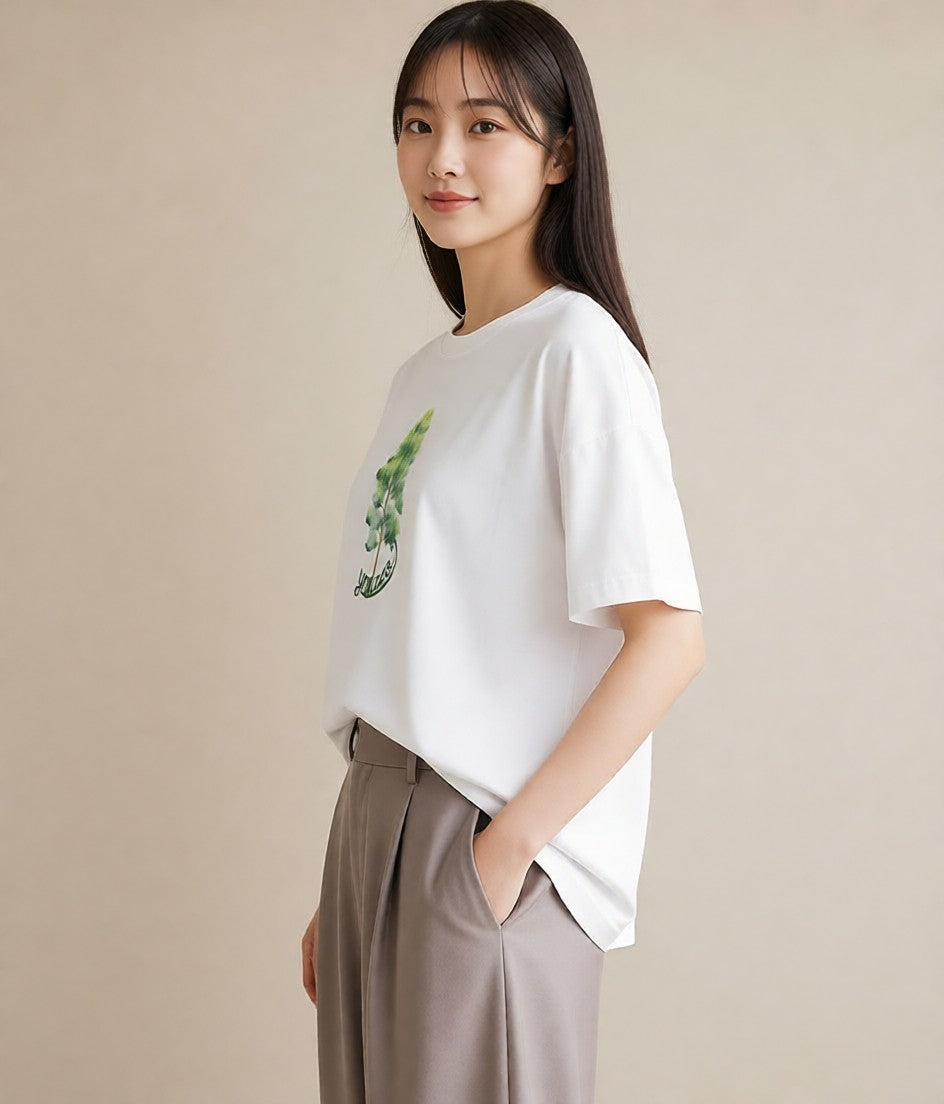 グラフィックTシャツ レディース 森 植物 ボタニカル イラスト 抜け感 カフェ巡り 女子会 白T