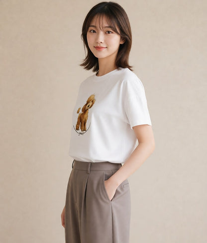 半袖Tシャツ レディース トイプードル プードル 犬 いぬ イラスト 手描き風 カジュアルコーデ 買い物 白T