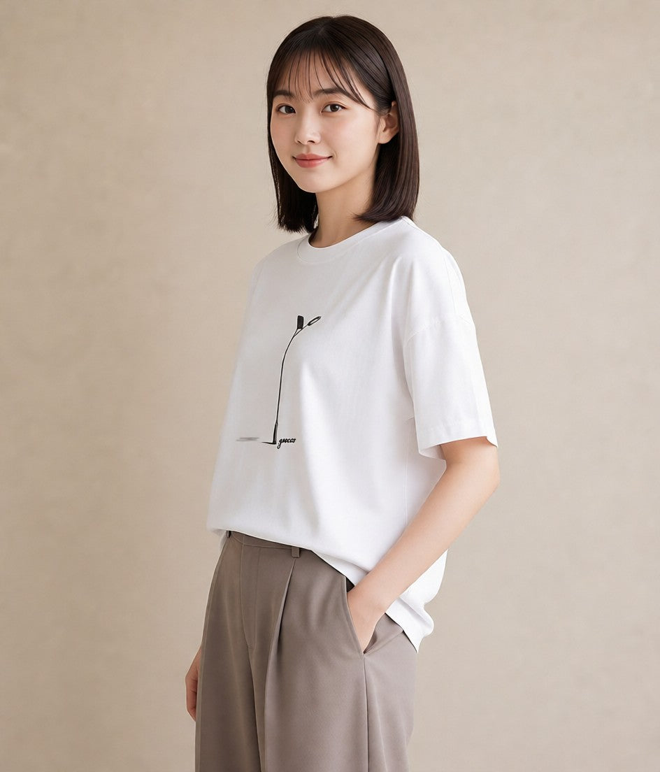 デザインTシャツ レディース 街灯 夜霧 夜 ナチュラル アンティーク イラスト カフェコーデ 海 カフェ巡り 白T