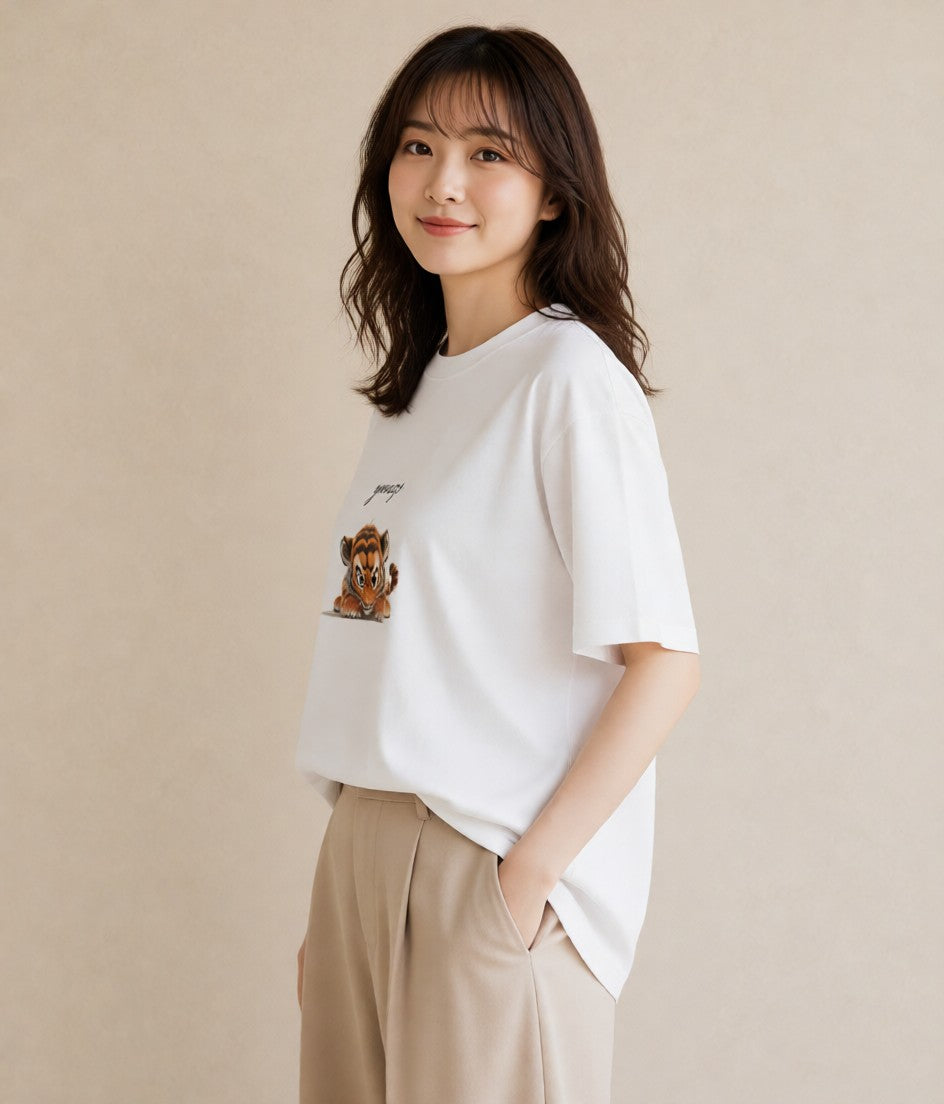 半袖Tシャツ レディース とら 動物 アニマル イラスト 韓国風 通勤 在宅 白T