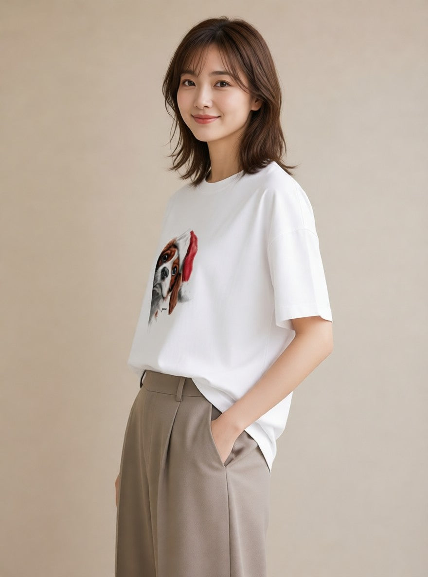 半袖Tシャツ レディース キャバリア 犬 いぬ イラスト 上品 ママ カフェ服 白T