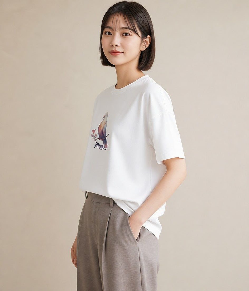 グラフィックTシャツ レディース インコ ペット 動物 イラスト ミニマル ママ カフェ服 白T