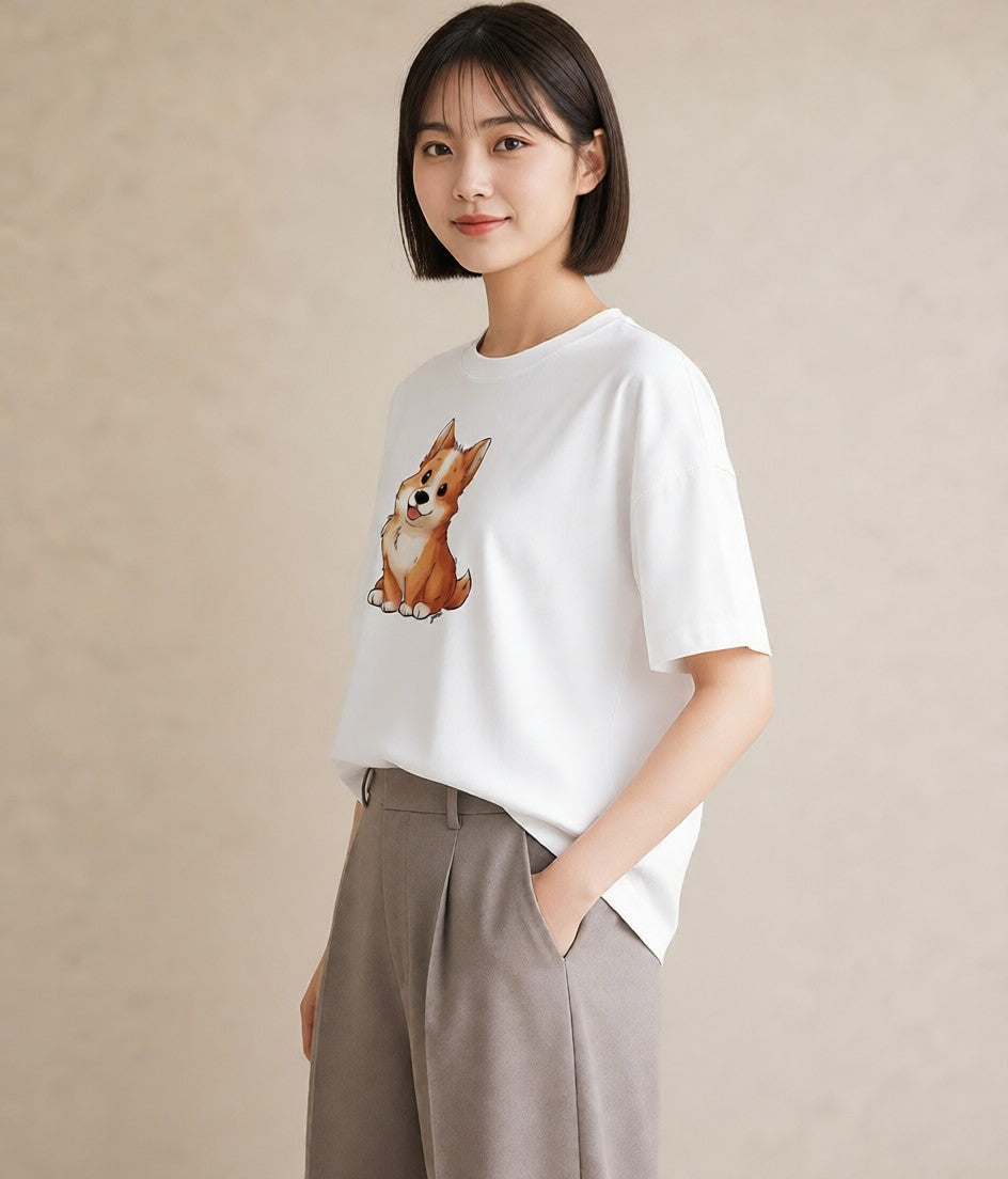 グラフィックTシャツ レディース わんこ 犬 いぬ イラスト ミニマル 送別ギフト 通勤 白T