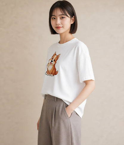 グラフィックTシャツ レディース わんこ 犬 いぬ イラスト ミニマル 送別ギフト 通勤 白T