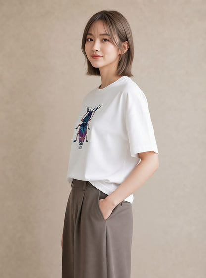 プリントTシャツ レディース クワガタ 昆虫 虫 イラスト ユニーク 夏コーデ 通学 白T