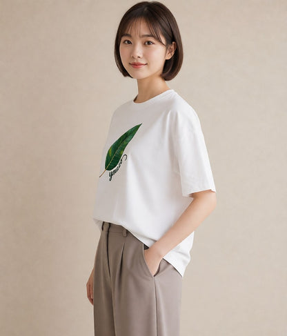 半袖Tシャツ レディース 葉っぱ 植物 ボタニカル イラスト モード 女子会 お揃い 白T