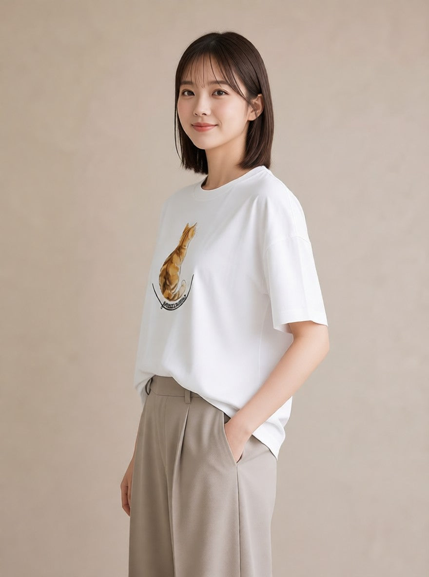 グラフィックTシャツ レディース 猫 ねこ イラスト 線画 海 カフェ巡り 白T