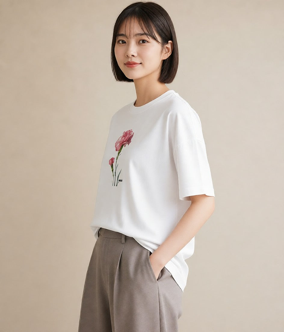 プリントTシャツ レディース カーネーション 花 花柄 イラスト きれいめ 春服 ミセス 白T