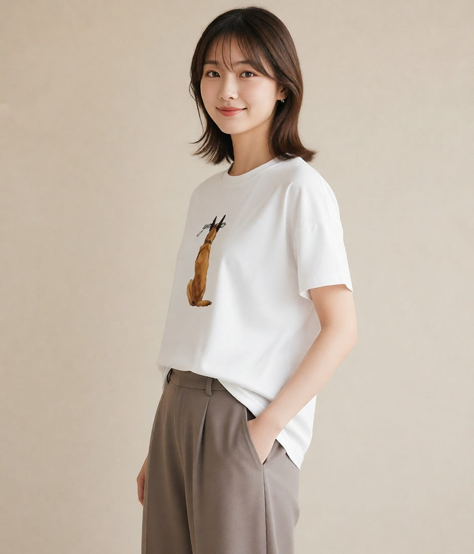 グラフィックTシャツ レディース 老犬 犬 いぬ イラスト 北欧風 20代 カジュアルコーデ 白T