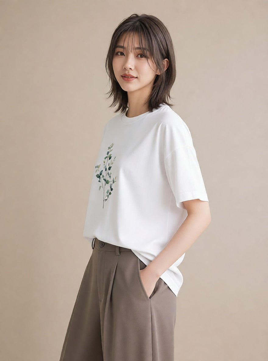 Tシャツ レディース 新緑 植物 ボタニカル イラスト ゆるコーデ カフェ巡り 女子会 白T