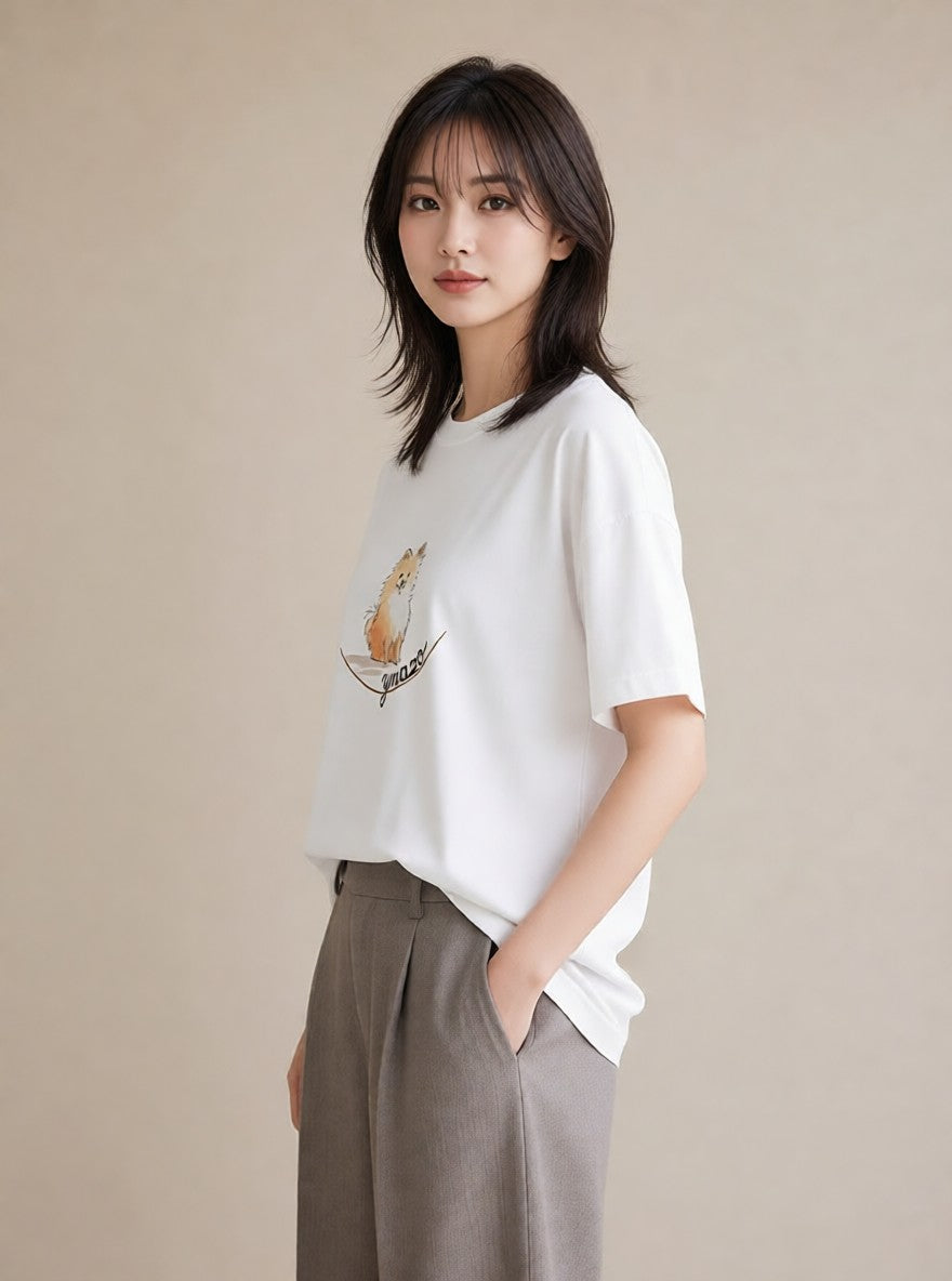 デザインTシャツ レディース ポメラニアン ポメ 犬 いぬ イラスト ミニマル 20代 カジュアルコーデ 白T