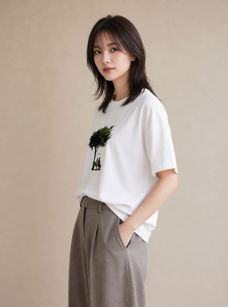 プリントTシャツ レディース 雨上がりのベンチ ベンチ ナチュラル アンティーク イラスト 水彩風 親子 20代 白T