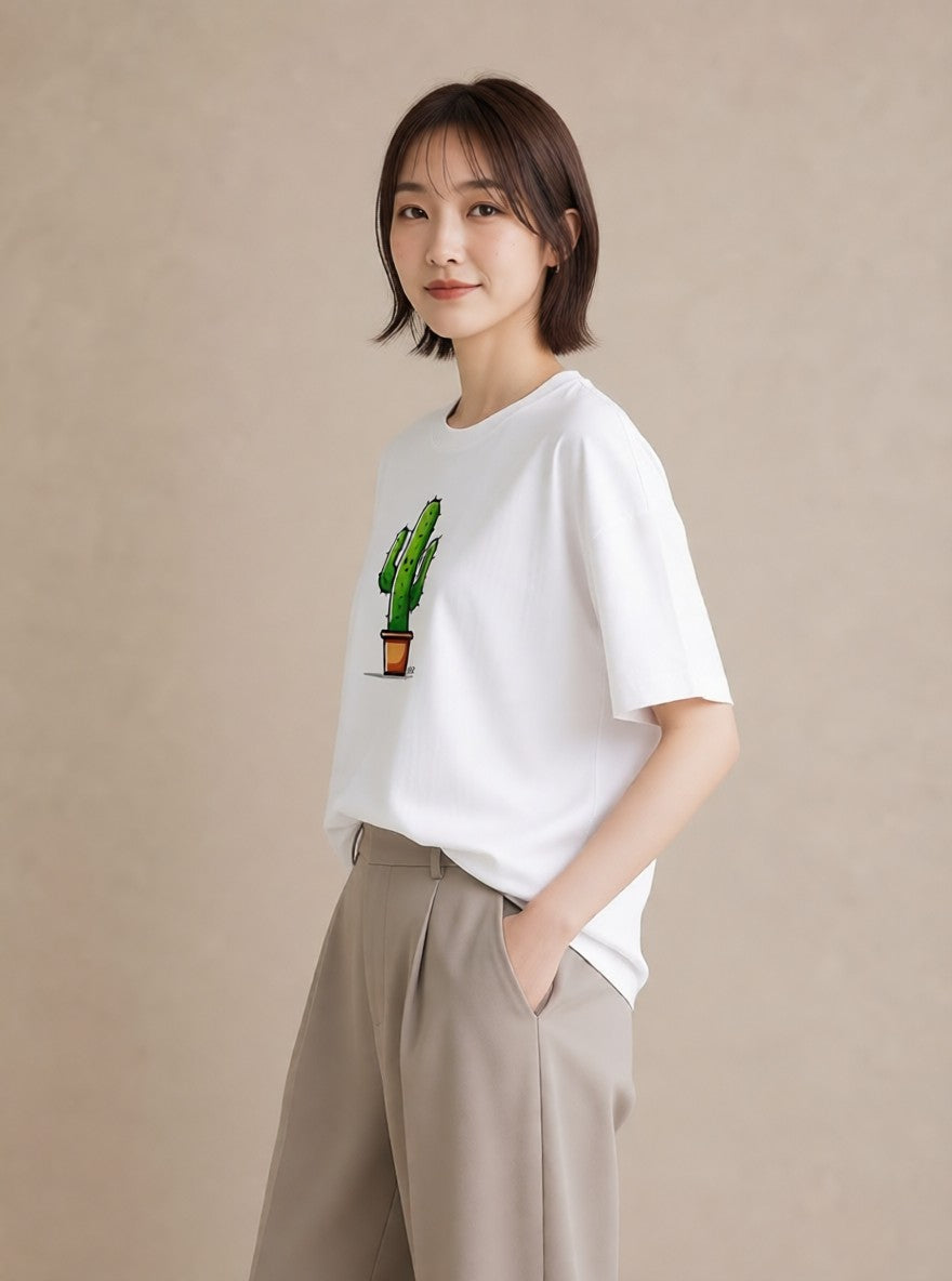 Tシャツ レディース サボテン 植物 ボタニカル イラスト 可愛い ビーチ デイリーウェア 白T