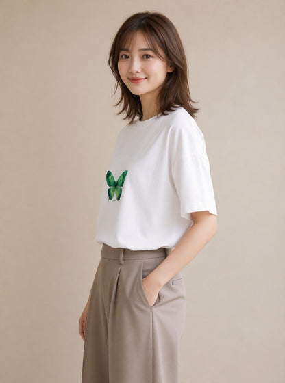 プリントTシャツ レディース ちょうちょ 蝶 バタフライ 昆虫 虫 イラスト ラフカジュアル 女性 旅行用 白T