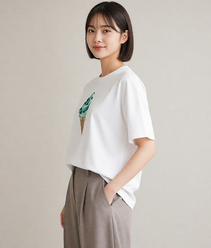 デザインTシャツ レディース ソフトクリーム 食べ物 フード イラスト レトロ 自分用 ルームウェア 白T
