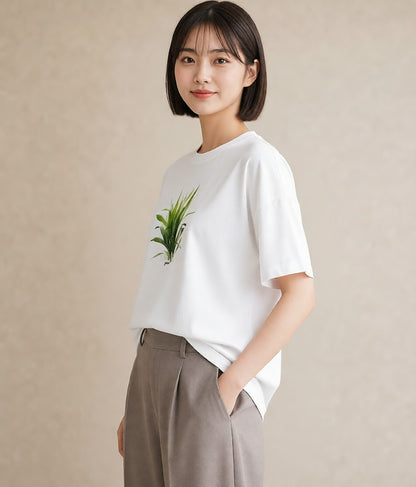 半袖Tシャツ レディース 芝生 植物 ボタニカル イラスト シンプル 20代 カジュアルコーデ 白T