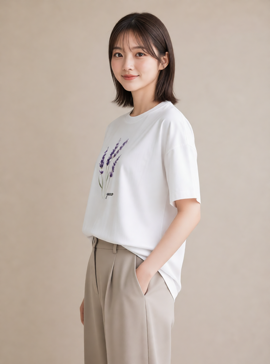 半袖Tシャツ レディース ラベンダー 花 花柄 イラスト カジュアル 旅行 母娘コーデ 白T
