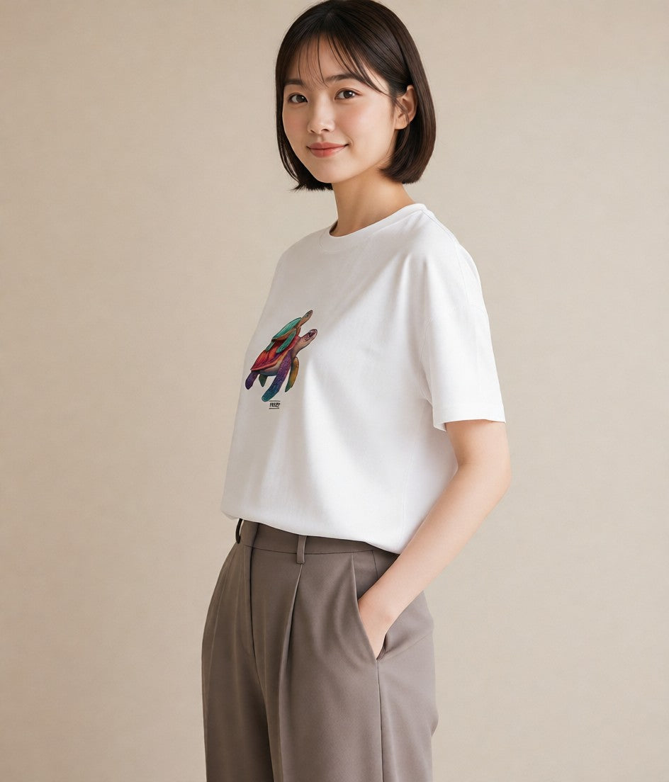 半袖Tシャツ レディース カメ ペット 動物 イラスト シンプル 春服 ミセス 白T