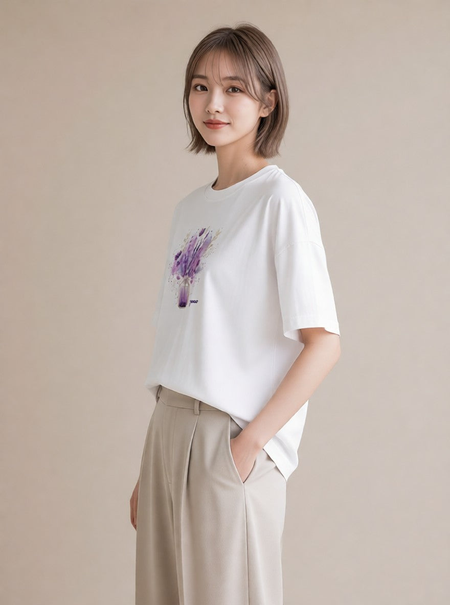 グラフィックTシャツ レディース ラベンダー 花 花柄 イラスト ポップ ママ カフェ服 白T