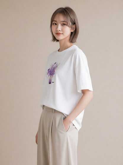 グラフィックTシャツ レディース ラベンダー 花 花柄 イラスト ポップ ママ カフェ服 白T