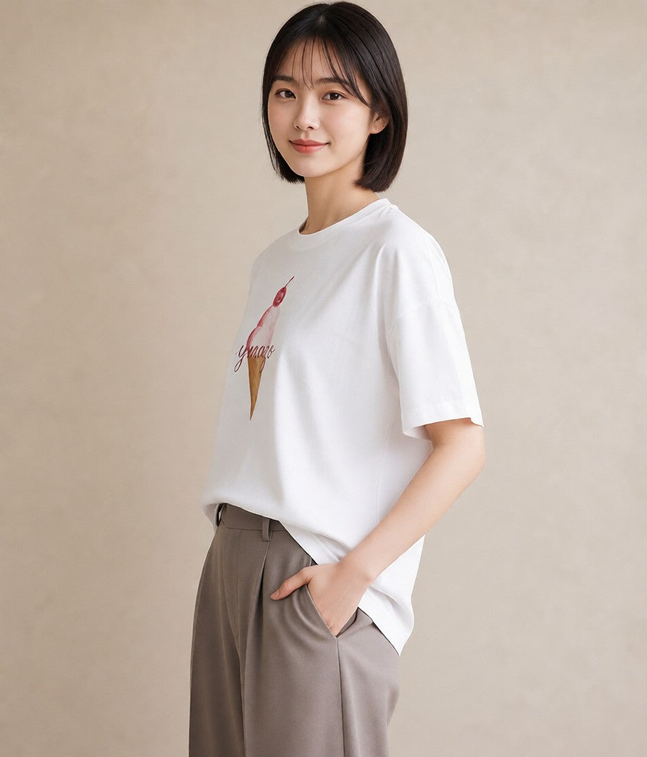 半袖Tシャツ レディース ポップコーン 食べ物 フード イラスト ゆるかわ 普段着 週末コーデ 白T