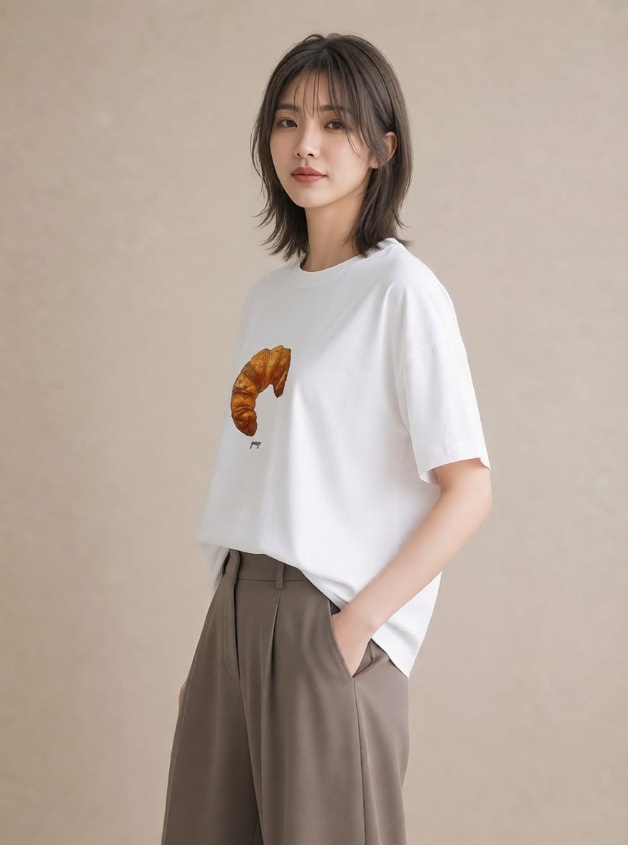 デザインTシャツ レディース クロワッサン 食べ物 フード イラスト 線画 ギフト 母の日 白T