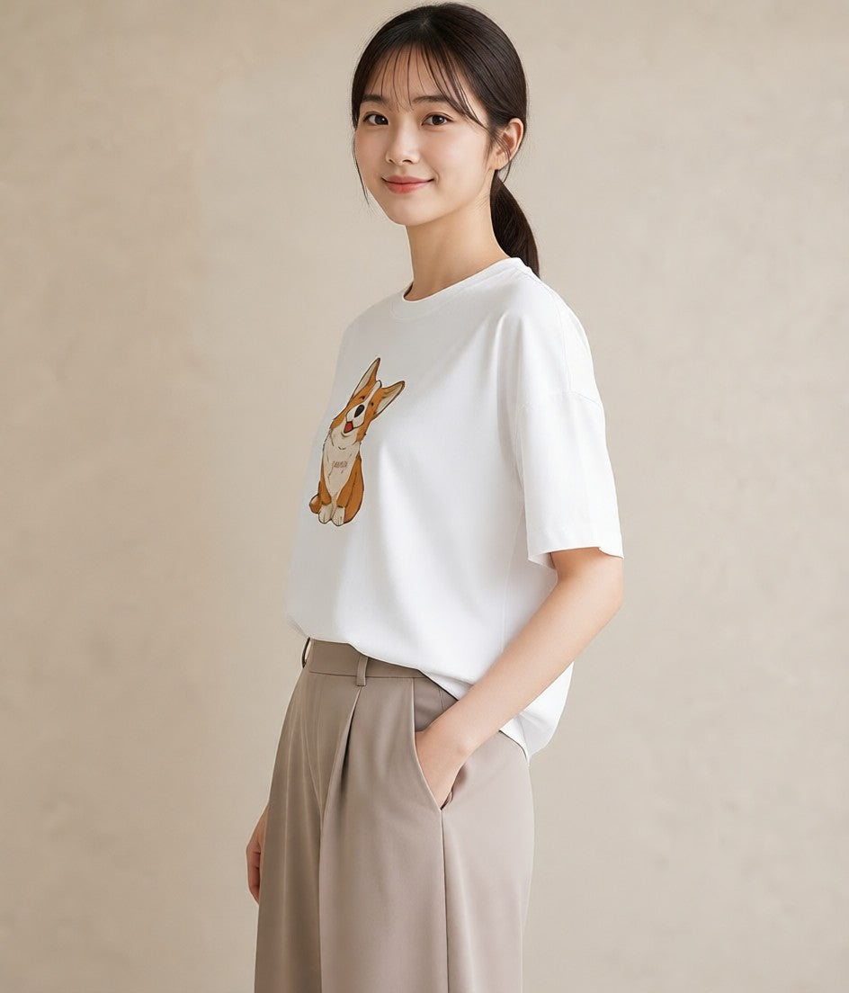 半袖Tシャツ レディース ウェルシュコーギー コーギー 犬 いぬ イラスト カジュアル 女性 旅行用 白T