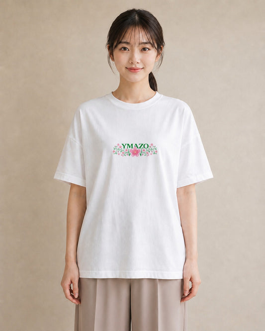 【受注生産】YMAZO Tシャツ レディース 半袖 ビッグシルエット 花柄 フローラル ボタニカル 花 ブーケ 白T 綿100% ホワイト M L ナチュラル フェミニン 韓国っぽい デート カジュアル ギフト 初夏｜花あそび（大きめプリン