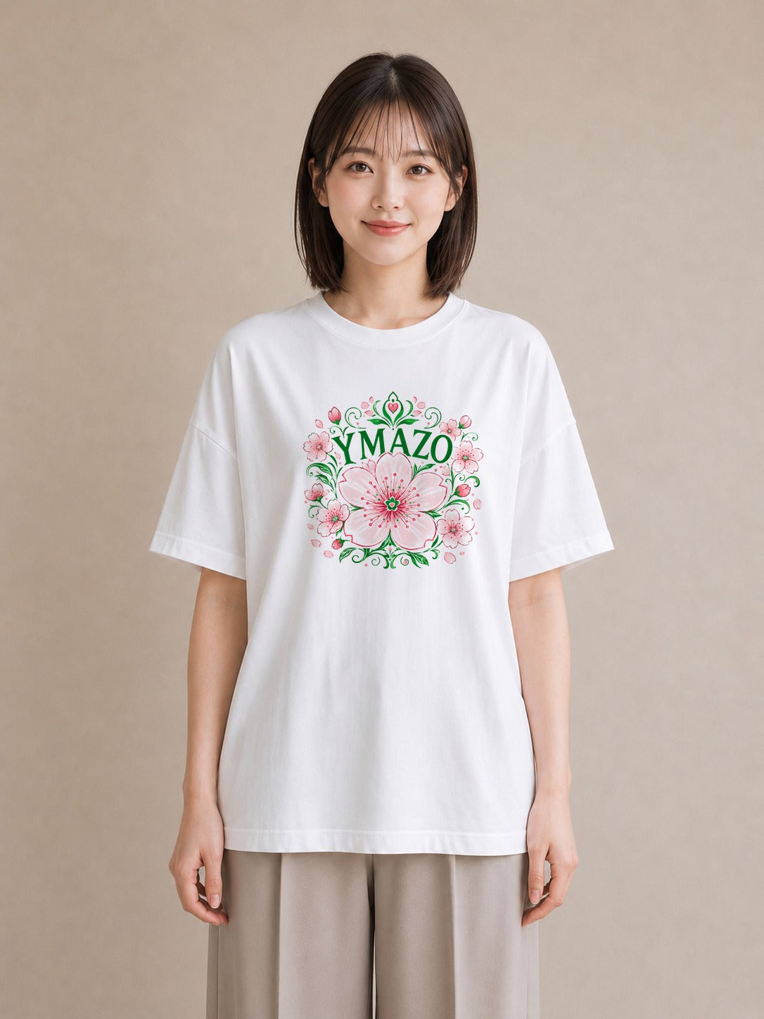 【受注生産】YMAZO Tシャツ レディース 半袖 オーバーサイズ 花柄 フローラル ボタニカル 花 ブーケ 白T 綿100% ホワイト M L 水彩 韓国っぽい ナチュラル 通勤 デート 春夏 父の日 2026新作｜花便り（大きめプリント
