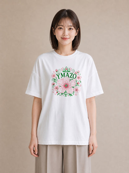【受注生産】YMAZO Tシャツ レディース 半袖 オーバーサイズ 花柄 フローラル ボタニカル 花 ブーケ 白T 綿100% ホワイト M L 水彩 韓国っぽい ナチュラル 通勤 デート 春夏 父の日 2026新作｜花便り（大きめプリント