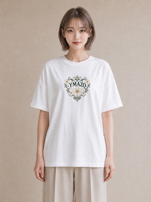 【受注生産】YMAZO Tシャツ レディース 半袖 ビッグT 花柄 フローラル ボタニカル 花 ブーケ 白T 綿100% ホワイト M L くすみカラー ニュアンス 韓国っぽい デイリー 推し活 2026新作 父の日｜花あそび（大きめプリン