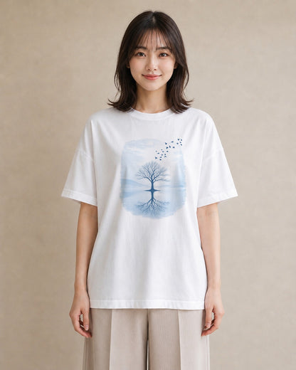 【受注生産】YMAZO Tシャツ レディース 半袖 ビッグシルエット 鳥 小鳥 ことり バード とり 白T 綿100% ホワイト M L くすみカラー フェミニン 韓国っぽい 推し活 通勤 2026新作 プレゼント｜YMAZO art（大き