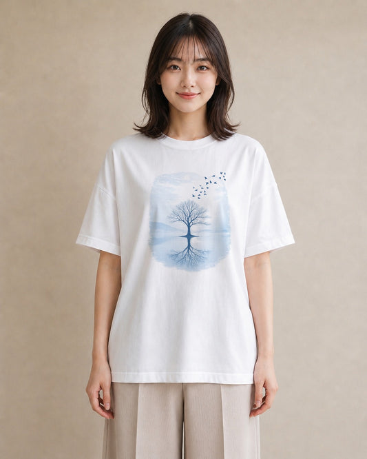 【受注生産】YMAZO Tシャツ レディース 半袖 ビッグシルエット 鳥 小鳥 ことり バード とり 白T 綿100% ホワイト M L くすみカラー フェミニン 韓国っぽい 推し活 通勤 2026新作 プレゼント｜YMAZO art（大き