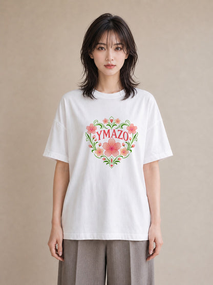 【受注生産】YMAZO Tシャツ レディース 半袖 ビッグT 花柄 フローラル ボタニカル 花 ブーケ 白T 綿100% ホワイト M L 手描き ニュアンス 大人可愛い お出かけ カジュアル 春夏 初夏 プレゼント｜花あそび（大きめプリン