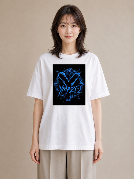 【受注生産】YMAZO Tシャツ レディース 半袖 ゆったり 花柄 フローラル ボタニカル 花 ブーケ 白T 綿100% ホワイト M L 水彩 フェミニン 韓国っぽい デイリー お出かけ 初夏 春夏 ギフト｜イニシャルY（大きめプリント 
