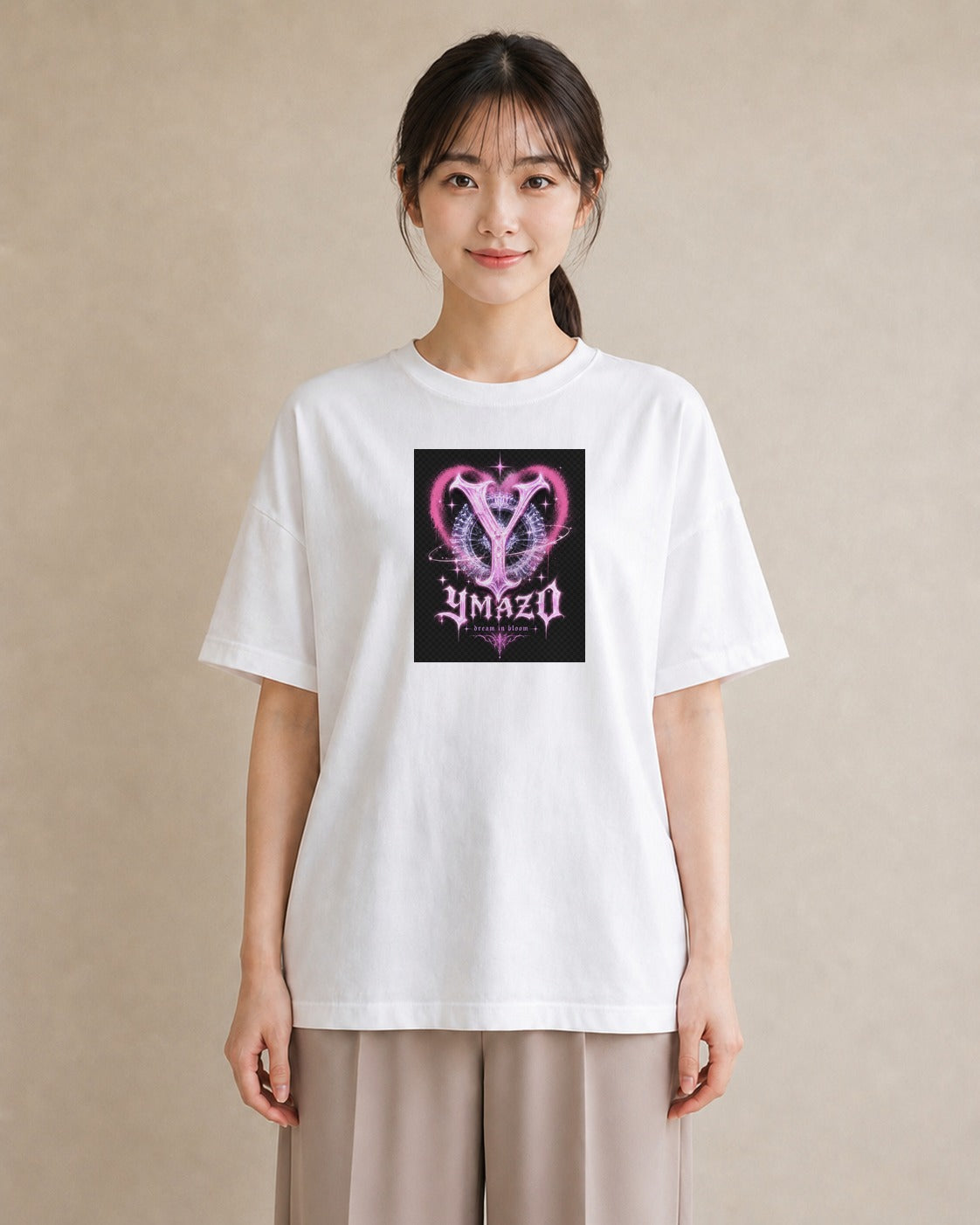 【受注生産】YMAZO Tシャツ レディース 半袖 ビッグT 花柄 フローラル ボタニカル 花 ブーケ 白T 綿100% ホワイト M L フェミニン ナチュラル くすみカラー お出かけ リンクコーデ プレゼント ギ｜イニシャルY（大きめプ