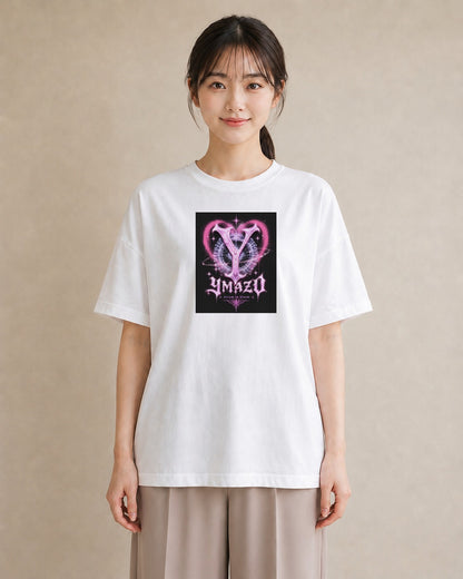 【受注生産】YMAZO Tシャツ レディース 半袖 ビッグT 花柄 フローラル ボタニカル 花 ブーケ 白T 綿100% ホワイト M L フェミニン ナチュラル くすみカラー お出かけ リンクコーデ プレゼント ギ｜イニシャルY（大きめプ