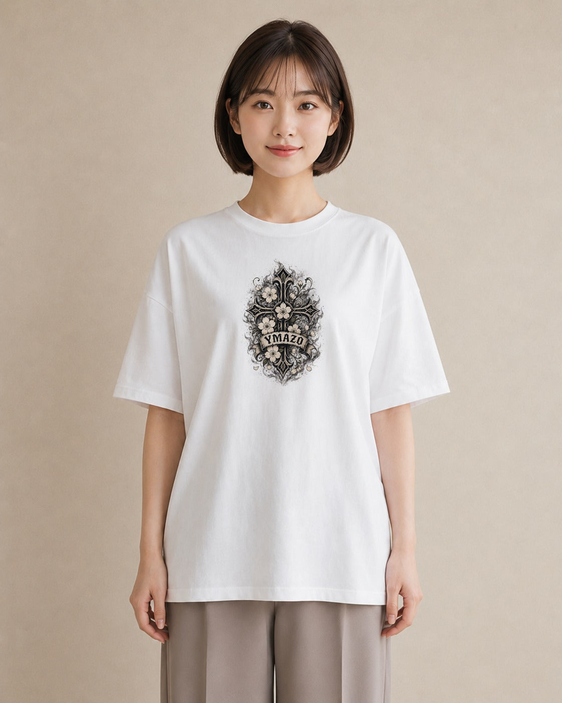 【受注生産】YMAZO Tシャツ レディース 半袖 ゆったり さくら 桜 チェリー サクラ 花 白T 綿100% ホワイト M L 大人可愛い ニュアンス フェミニン デート デイリー 初夏 父の日 春夏｜花あそび（スタンダードプリント 1