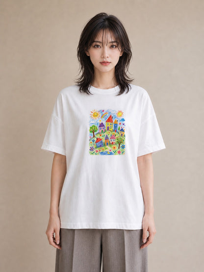 【受注生産】YMAZO Tシャツ レディース 半袖 ビッグシルエット 花 花柄 フラワー フローラル ボタニカル 白T 綿100% ホワイト M L 水彩 ナチュラル 手描き 推し活 お出かけ 2026新作 春夏 初｜花あそび（大きめプリン