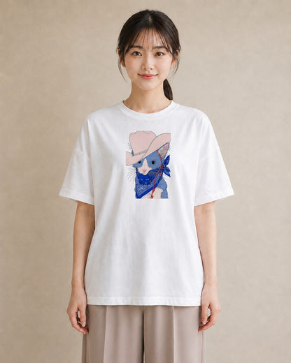 【受注生産】YMAZO Tシャツ レディース 半袖 ゆったり 猫 ねこ ネコ キャット 猫柄 白T 綿100% ホワイト M L 手描き ナチュラル 韓国っぽい リンクコーデ カジュアル プレゼント 父の日 春夏｜どうぶつ日和（大きめプリン