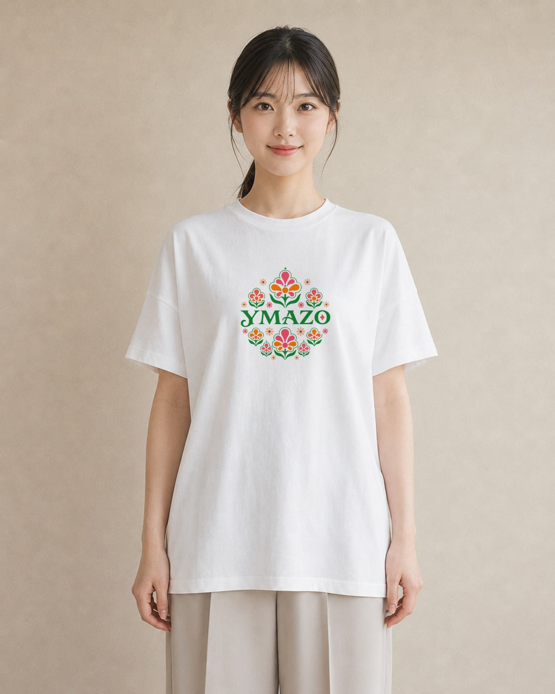 【受注生産】YMAZO Tシャツ レディース 半袖 オーバーサイズ 花柄 フローラル ボタニカル 花 ブーケ 白T 綿100% ホワイト M L 韓国っぽい フェミニン くすみカラー デイリー お出かけ ギフト 20｜花便り（大きめプリント